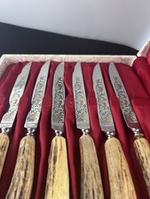 Vintage Anton Wingen Jr Solingen Germany Rostfrei 6 Stag Steak Knives Box Set picture