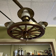 Vintage Wagon Wheel Chandelier 4 Light Hanging Light Fixture Wood Brass picture