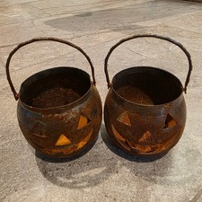 vtg HOSLEY USA HALLOWEEN JACK O LANTERN PUMPKIN CANDLE HOLDER LOT OF 2 picture