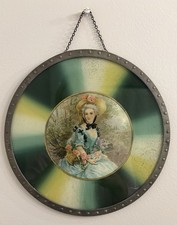 Vintage Victorian Lady Portrait Round Wall Plaque Metal Frame Chain 8.5” picture