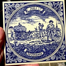Vintage Delft Blauw Juli July Hooimaand Tile Hand-painted Made in Holland  picture
