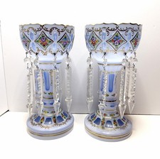 Antique Bohemian Czech Victorian Blue Opaline Glass Enamel Floral Lusters Pair picture