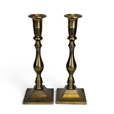 Vtg 9” Pair of Solid Brass Candlestick Holders Beaded Square Base Made in Taiwan picture