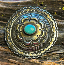 Native American Sterling Silver Turquoise Scalloped Edge Pin Brooch Signed LEB picture