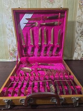 Vintage GOLDTONE Tableware Thailand Siam Brass Flatware Set & Case 22 Piece NICE picture