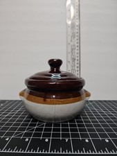 Vintage Stoneware Bean Pot Lidded Crock Brown Tan Gray Glazed Pottery Mini Crock picture