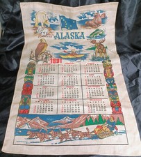 Vintage 1991 Alaska Calendar Towel Linen Kitchen Tea Cloth Wall Hanging 26x18 picture