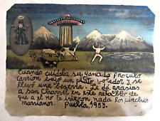 VTG 1953 HP MEXICAN TIN RETABLO SAN CHARBEL SAVE MAN FROM FLYING SAUCER MARTIANS picture