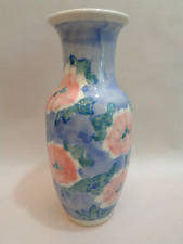 Antique Chinese Watercolor Vase Floral Roses Blue Pink Hand Painted Porcelain 8