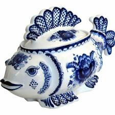 Russian Large Covered Caviar Server Blue White Porcelain Gzhel Fish Soup Tureen picture