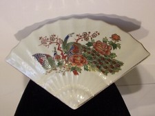 Vtg. Ivory White Porcelain Multi Color Bird & Flower Deign Fan Box Made in Japan picture
