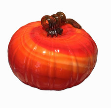 Blown art glass pumpkin orange swirl brown curly stem  6in by 9in picture
