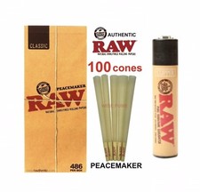 Raw Peacemaker Size Pre-Rolled Cone 140mm Rolling Paper + Lighter picture