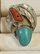 Vtg Old Pawn Native American Navajo Sterling Silver Turquoise Coral  Ring Sz 9.5 picture