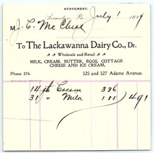 Vintage 1899 Lackawanna Dairy Co. Billhead Scranton, PA picture
