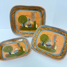 Vtg 1940s Mexican Tlaquepaque Pottery Nesting Trays Set of 3 Redware Folk Art picture