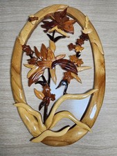 1960's Carved Wood MCM Flowers & 🐝 Handmade Wall Hanging Art Wood Plaque picture