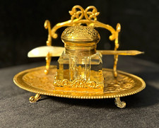 Victorian E G Webster and Sons Gold Gilt Silver Plated inkwell Desk Set 37 picture