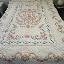 Vtg Embroidery heart  Quilt 90x62 cross stitch hand quilted Pink & Green picture