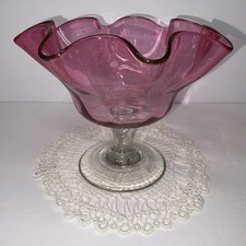 Vintage Cranberry Glass Compote Clear Base Ruffled Rim Hand blown Art Glass picture