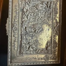 Antique Jennings Brothers JB Metal Jewelry Casket Box - Repousse Pastoral Scene picture