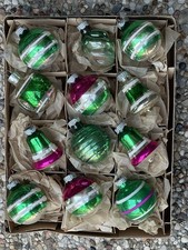 Shiny Brite Made In USA Green Pink Stripes Bells Indent Swirls Glass Ornaments picture