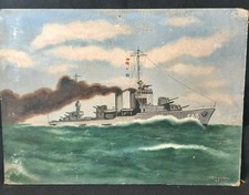 Vintage 1942 WWII Naval Folk Art Painting USS Beatty DD-640 - Sunk 43 P. Walker picture