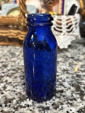 Cobalt Blue Ribbed Glass Bottle Embossed Bottom Small Decorative Vintage Style picture