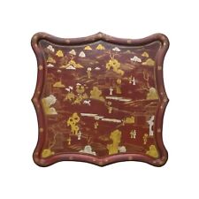 Chinese Ox Blood Red Brown Lacquer Golden Scenery Square Tray Display Art cs7213 picture