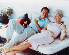 Rock Hudson US actor wearing white trousers a light blue short sle- Old Photo picture