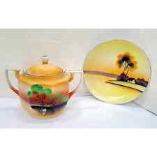 Japan Sugar Bowl & Meito China Hand Painted Landscape Plate VINTAGE .  picture