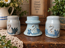 VTG Swan Ceramic Salt Pepper Shakers & Candle Holder Set 3-Pc Cottage Core decor picture