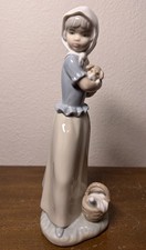 Lladro' NAO Glossy Figurine Girl Holding Puppy & Picnic Basket picture
