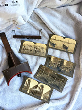 Antique Keystone Wooden Stereoscope Viewer Holmes Style w 5 Stereoview Cards Lot picture