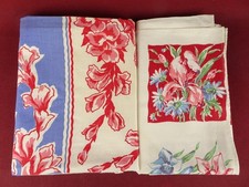 2 VINTAGE 1940s RED FLORAL PRINT TABLECLOTHS picture