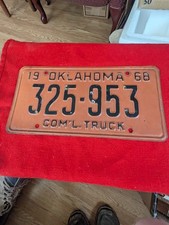 1968 Oklahoma Commercial Truck License Plate 325‑953 • Orange & Black • Vintage  picture