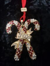 New Monet Candy Canes Ornament Red White Rhinestones Gold Tone 2021 Joy Holidays picture