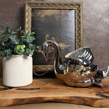 Vintage Platinum Luster Ceramic Swan Planter #3046 Silver Hollywood Regency 9