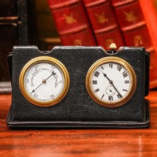Portable Antique Hand Painted Porcelain Travel Desk Clock Barometer Leather Case picture