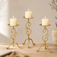 3-Piece Gold Wrought Iron Candlestick Set - Elegant Tall Pillar Holders for W... picture