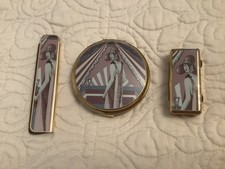 Vintage 3 pc Art Deco Pink Lady Compact, Comb, Pill Box England picture