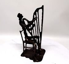 Mid Century Cast Metal Sculpture Man Playing Harp 12” picture
