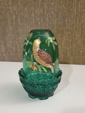 Fenton FAIRY Light*Partridge In A Pear Tree*Emerald Green Hand Painted 4.5