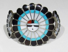 Big Old Signed Zuni JD Massie 925 Silver Turquoise Coral Sunface Bracelet 6 1/4