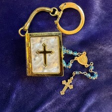 Vintage Blue Glass Bead Catholic Rosary in Bible Book Keychain Case Italy picture