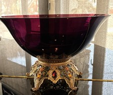 Jay Strongwater Huge 16.5” Plum Pedestal Bowl Swarovski Crystals & Enamel Mint picture