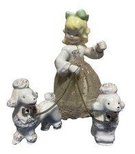 Vintage Kitschy Girl Figurine With Chained Poodles Porcelain Pretty Dress Japan picture