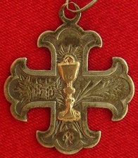 Antique FIRST COMMUNION Medal Silver Ornate HOLY EUCHARIST Catholic JUNE 8, 1887 picture