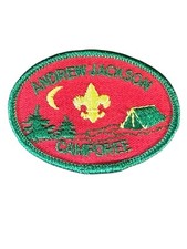 Vintage Andrew Jackson BSA Camporee Patch Red Oval with Tent & Moon Design picture