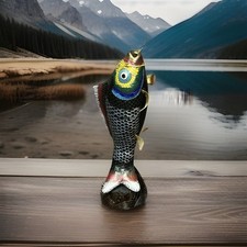 Gorgeous VTG Chinese Cloisonné Koi Fish Figurine With Carved Wood Base 15” picture
